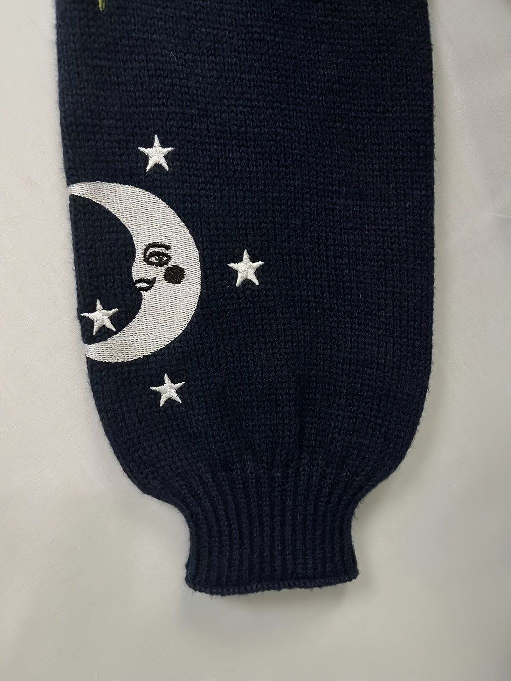 Knitted Cardigan Sun Moon Star Embroidered Women's V-Neck Button-Up Navy – Casual, Autumn Layering