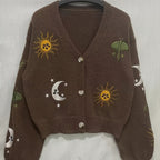 Knitted Cardigan Sun Moon Star Embroidered Women's V-Neck Button-Up Navy – Casual, Autumn Layering