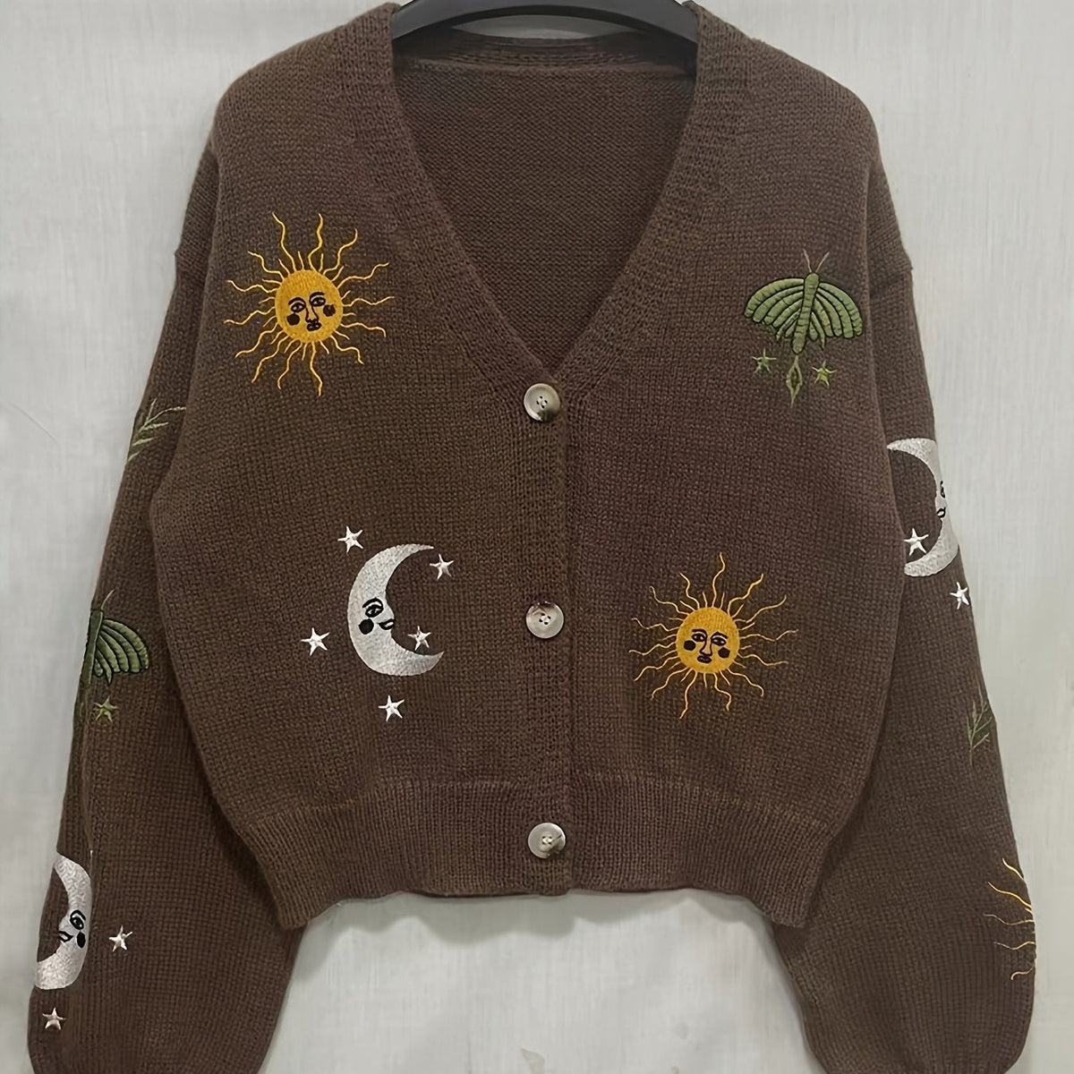 Knitted Cardigan Sun Moon Star Embroidered Women's V-Neck Button-Up Navy – Casual, Autumn Layering