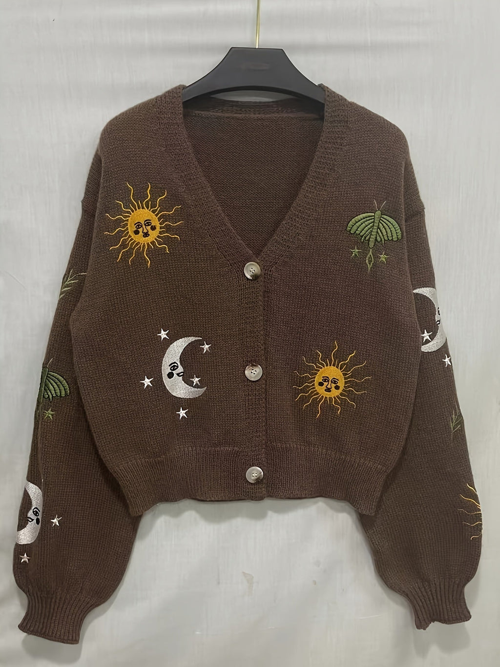 Knitted Cardigan Sun Moon Star Embroidered Women's V-Neck Button-Up Navy – Casual, Autumn Layering
