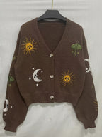 Knitted Cardigan Sun Moon Star Embroidered Women's V-Neck Button-Up Navy – Casual, Autumn Layering