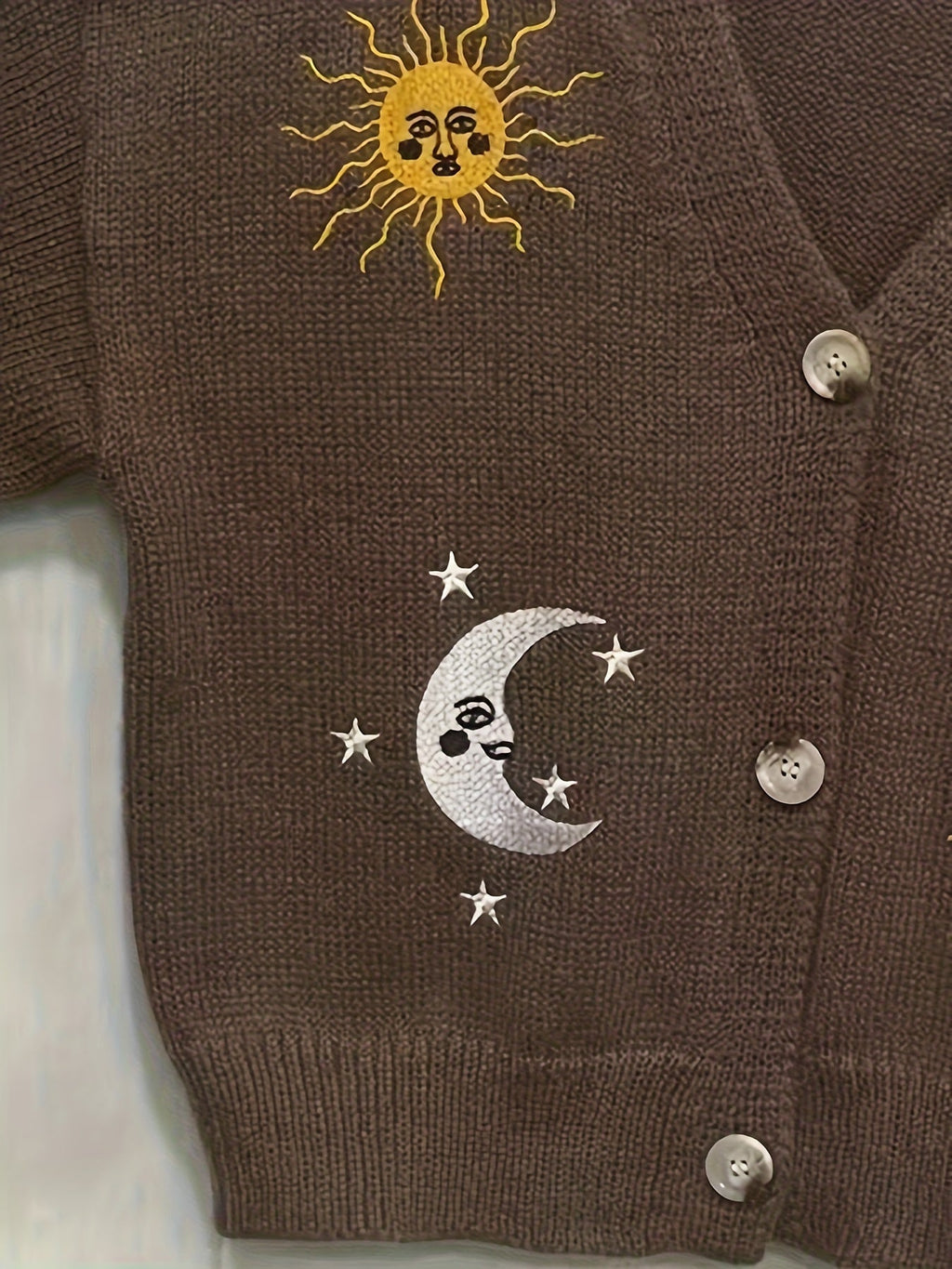 Knitted Cardigan Sun Moon Star Embroidered Women's V-Neck Button-Up Navy – Casual, Autumn Layering