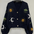 Knitted Cardigan Sun Moon Star Embroidered Women's V-Neck Button-Up Navy – Casual, Autumn Layering