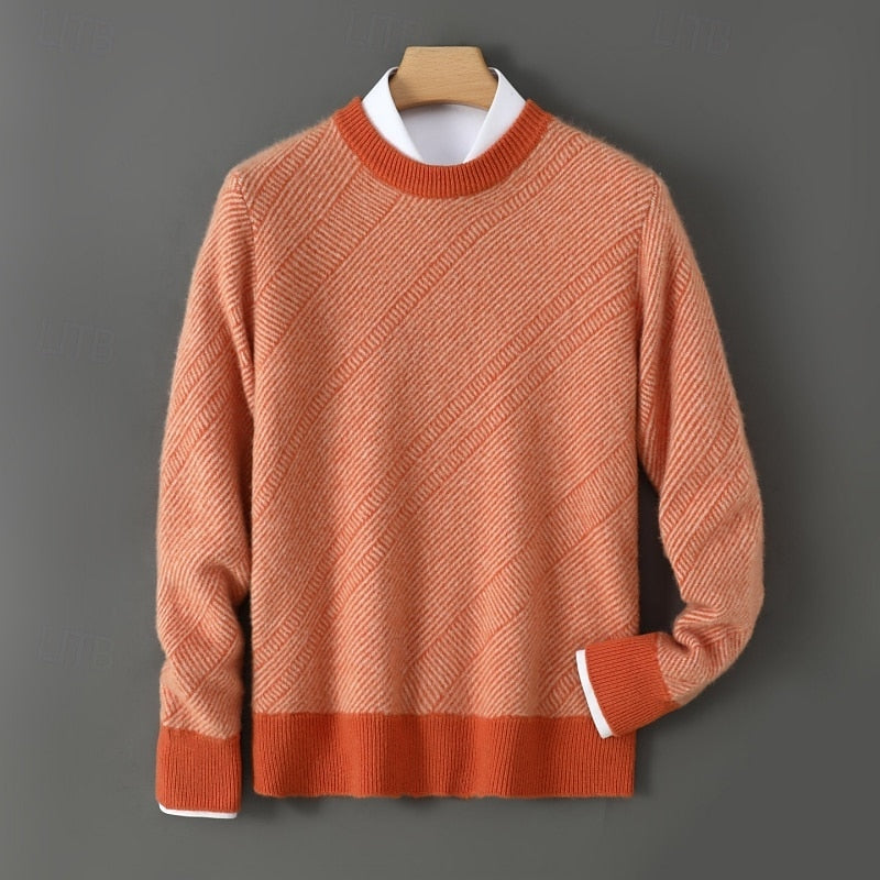 Knitted Crew Neck Jumper Textured Beige Men's Wool Blend Pullover – Casual, Office, Winter, Gift