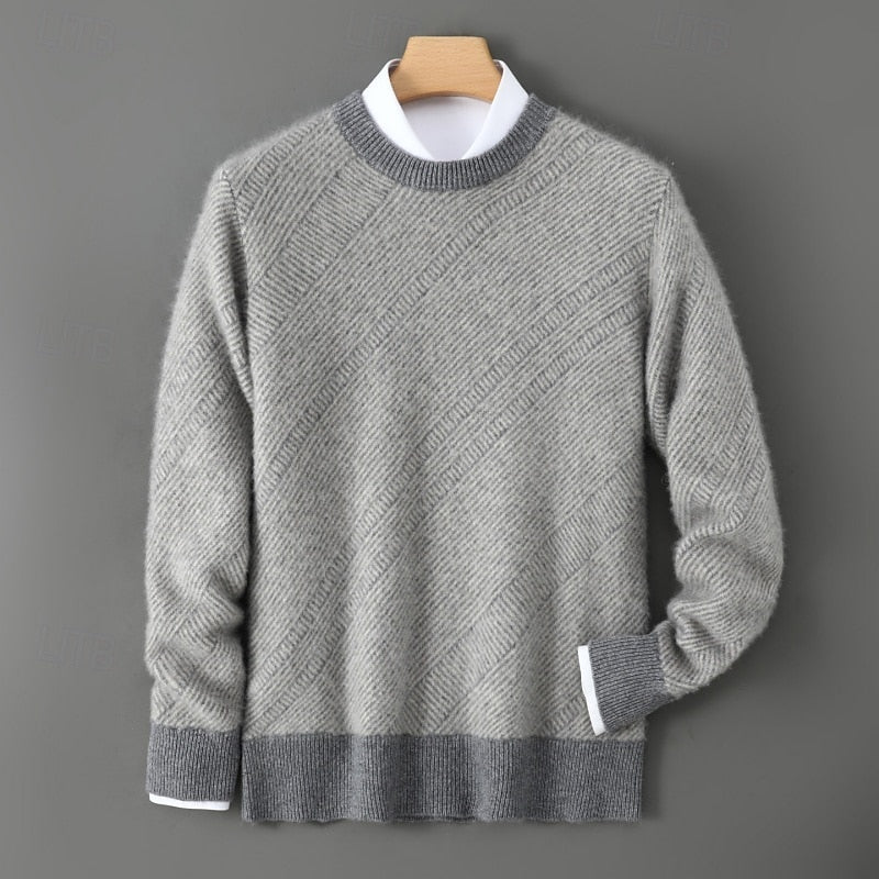 Knitted Crew Neck Jumper Textured Beige Men's Wool Blend Pullover – Casual, Office, Winter, Gift