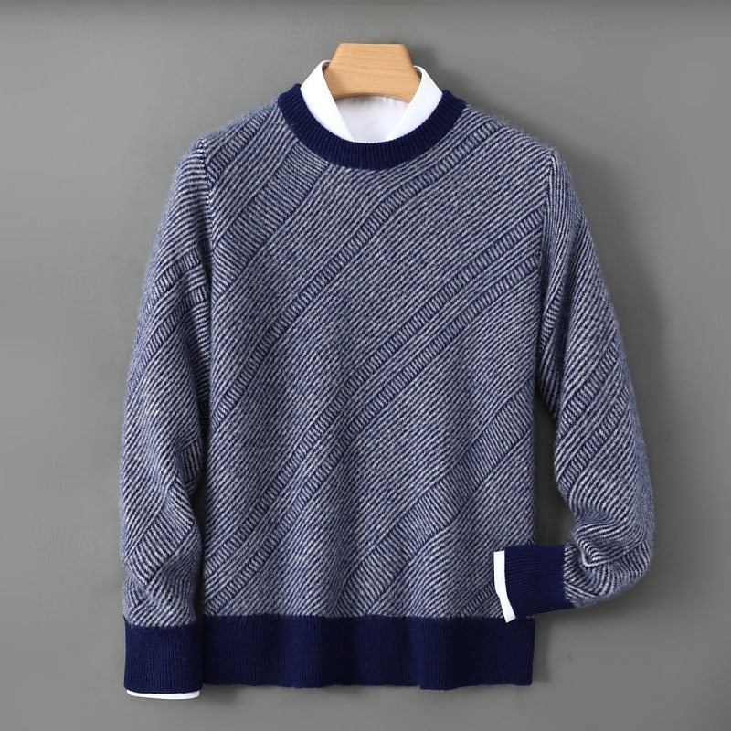 Knitted Crew Neck Jumper Textured Beige Men's Wool Blend Pullover – Casual, Office, Winter, Gift