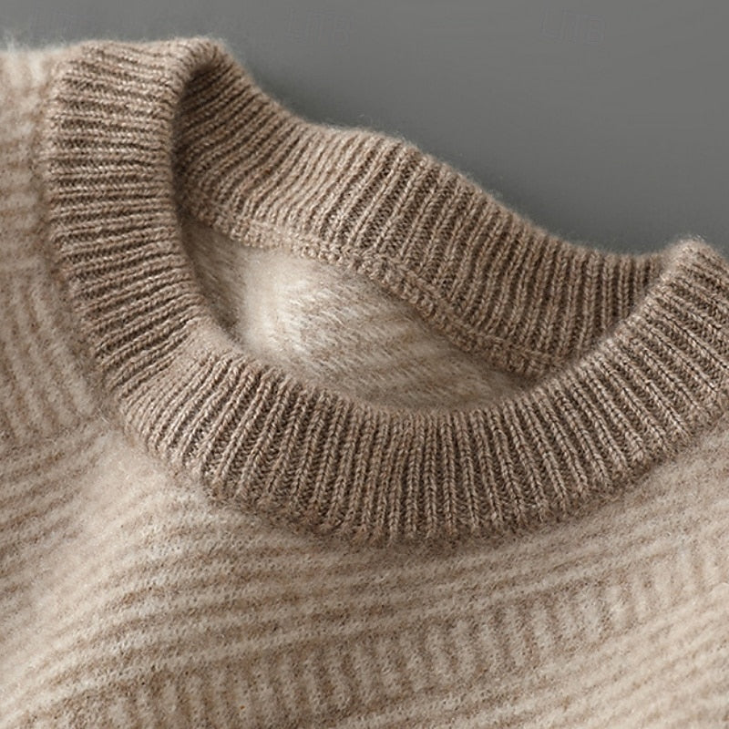 Knitted Crew Neck Jumper Textured Beige Men's Wool Blend Pullover – Casual, Office, Winter, Gift