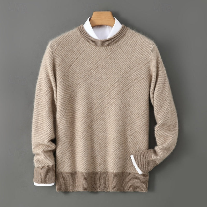 Knitted Crew Neck Jumper Textured Beige Men's Wool Blend Pullover – Casual, Office, Winter, Gift