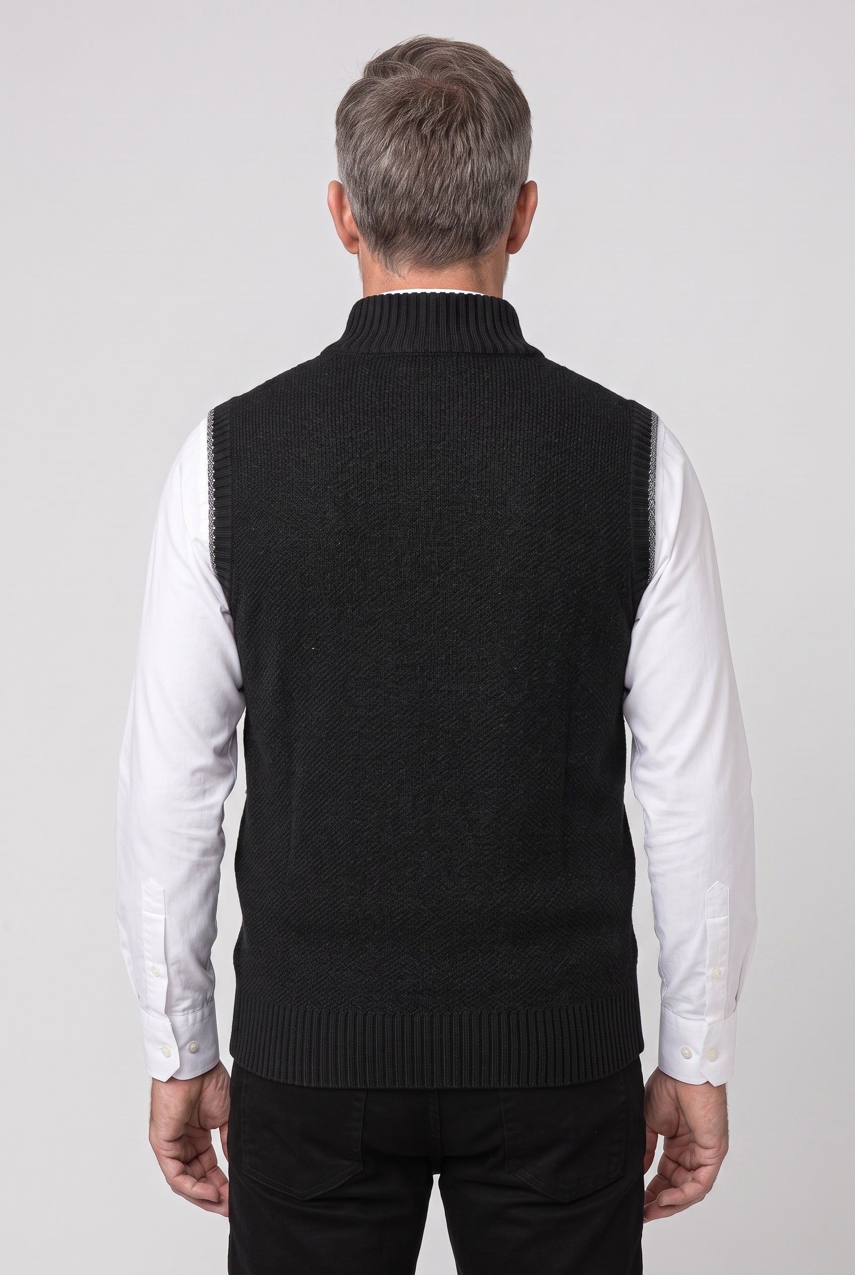 Knitted Gilet Black Full-Zip Stand Collar Men's Sleeveless Cardigan – Casual, Office
