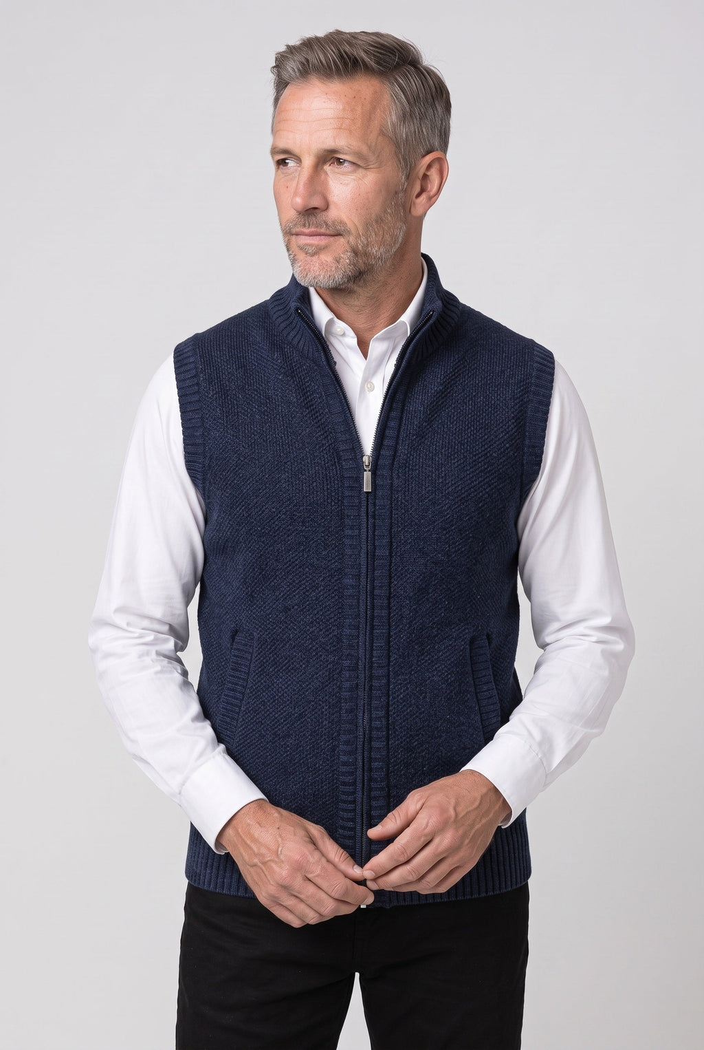 Knitted Gilet Black Full-Zip Stand Collar Men's Sleeveless Cardigan – Casual, Office