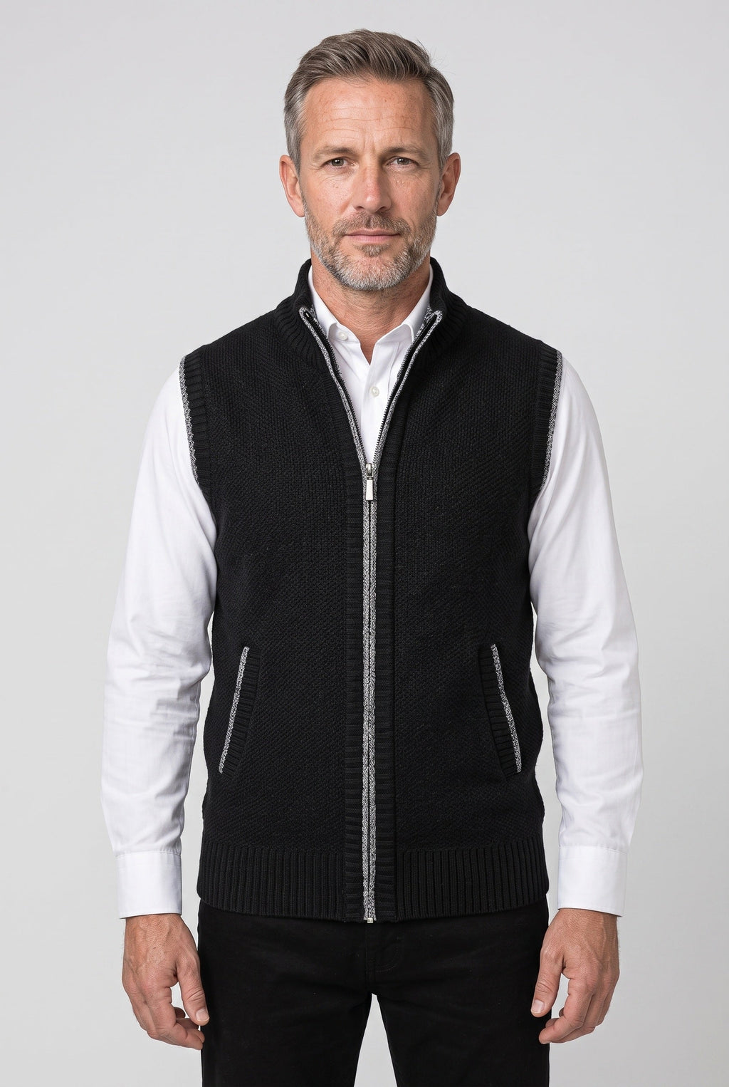 Knitted Gilet Black Full-Zip Stand Collar Men's Sleeveless Cardigan – Casual, Office