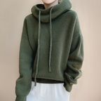 Knitted Hooded Jumper Green Women's Drawstring Oversized Sweater – Casual, Winter Layering