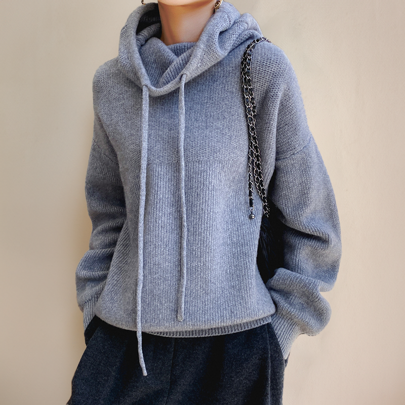 Knitted Hooded Jumper Green Women's Drawstring Oversized Sweater – Casual, Winter Layering
