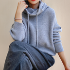 Knitted Hooded Jumper Green Women's Drawstring Oversized Sweater – Casual, Winter Layering