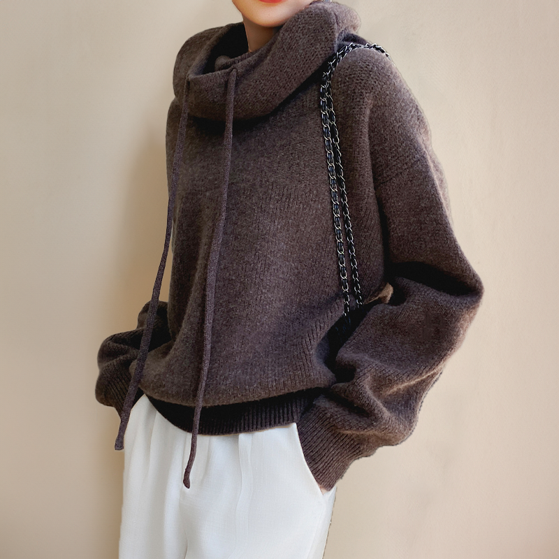Knitted Hooded Jumper Green Women's Drawstring Oversized Sweater – Casual, Winter Layering