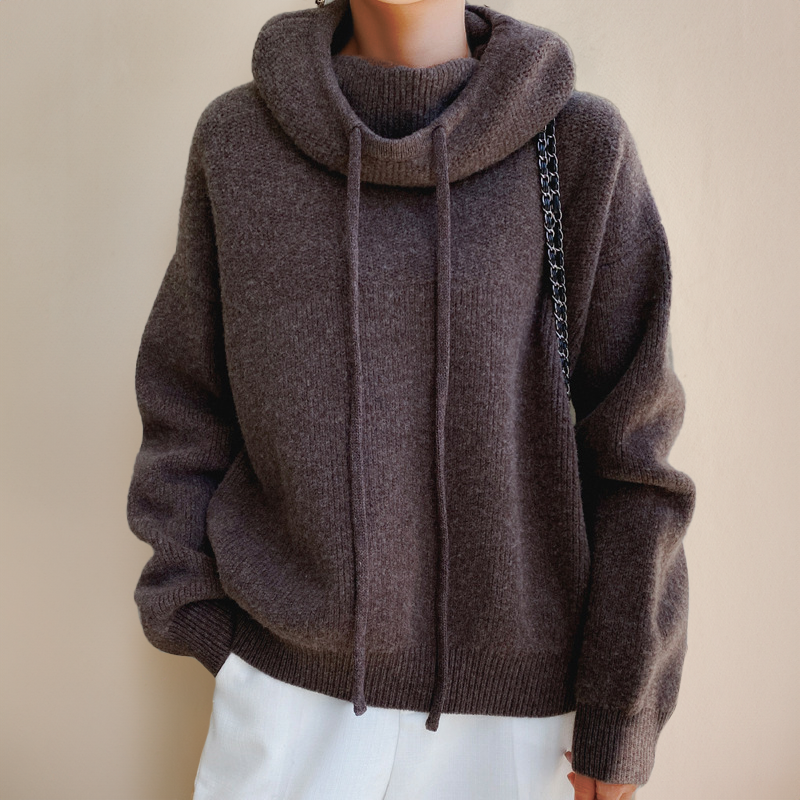Knitted Hooded Jumper Green Women's Drawstring Oversized Sweater – Casual, Winter Layering