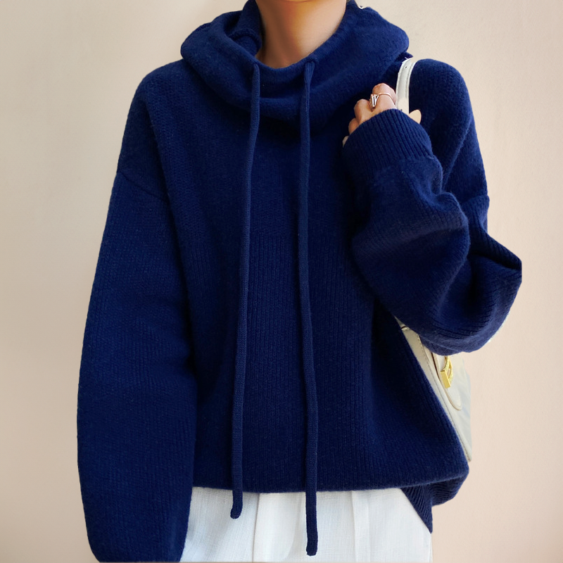Knitted Hooded Jumper Green Women's Drawstring Oversized Sweater – Casual, Winter Layering