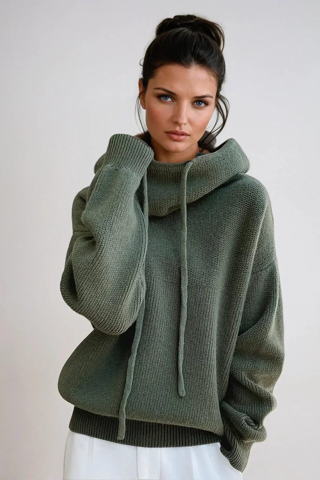 Knitted Hoodie Jumper Green Oversized Women's Drawstring Pullover – Casual, Holiday