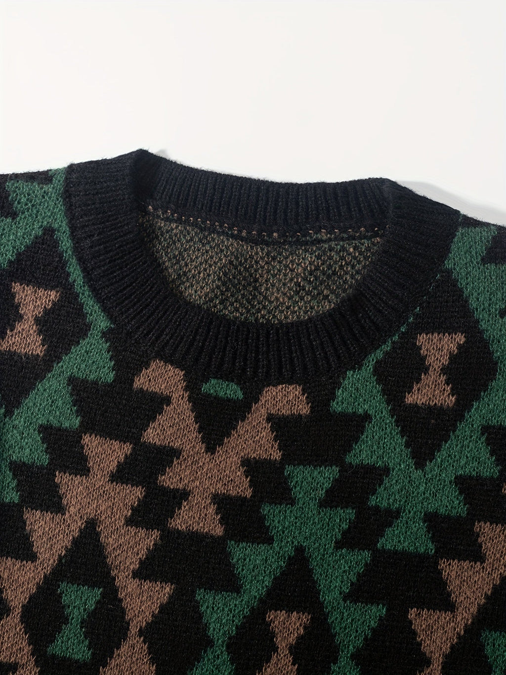 Knitted Jumper Aztec Geometric Green Brown Men's Crew Neck Pullover – Casual, Autumn Winter Wear