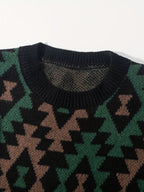 Knitted Jumper Aztec Geometric Green Brown Men's Crew Neck Pullover – Casual, Autumn Winter Wear