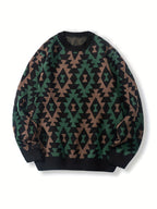 Knitted Jumper Aztec Geometric Green Brown Men's Crew Neck Pullover – Casual, Autumn Winter Wear