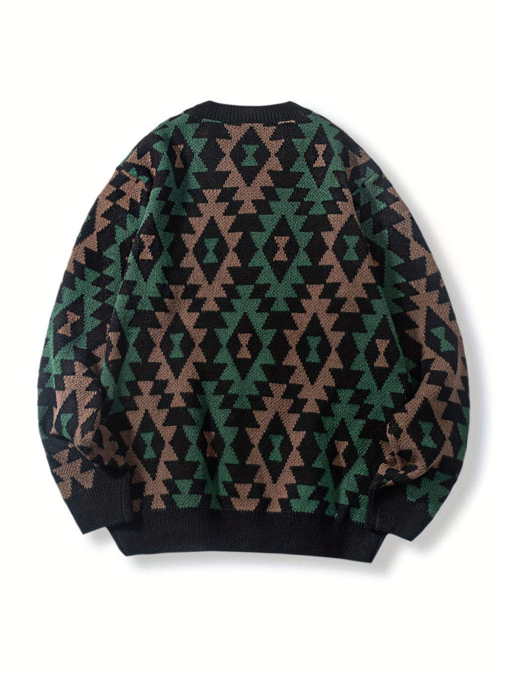 Knitted Jumper Aztec Geometric Green Brown Men's Crew Neck Pullover – Casual, Autumn Winter Wear