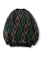 Knitted Jumper Aztec Geometric Green Brown Men's Crew Neck Pullover – Casual, Autumn Winter Wear