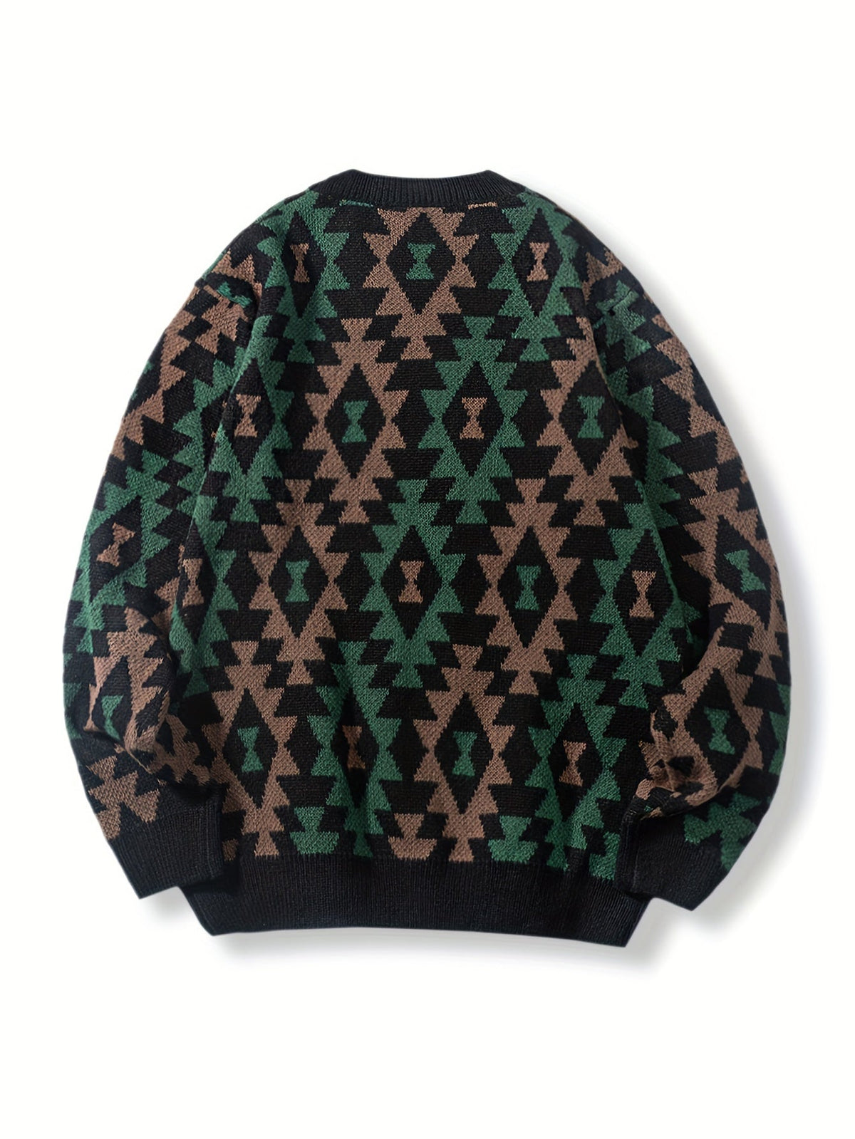Knitted Jumper Aztec Geometric Green Brown Men's Crew Neck Pullover – Casual, Autumn Winter Wear
