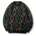 Knitted Jumper Aztec Geometric Green Brown Men's Crew Neck Pullover – Casual, Autumn Winter Wear