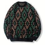 Knitted Jumper Aztec Geometric Green Brown Men's Crew Neck Pullover – Casual, Autumn Winter Wear