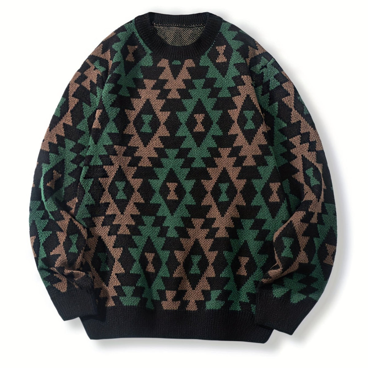 Knitted Jumper Aztec Geometric Green Brown Men's Crew Neck Pullover – Casual, Autumn Winter Wear
