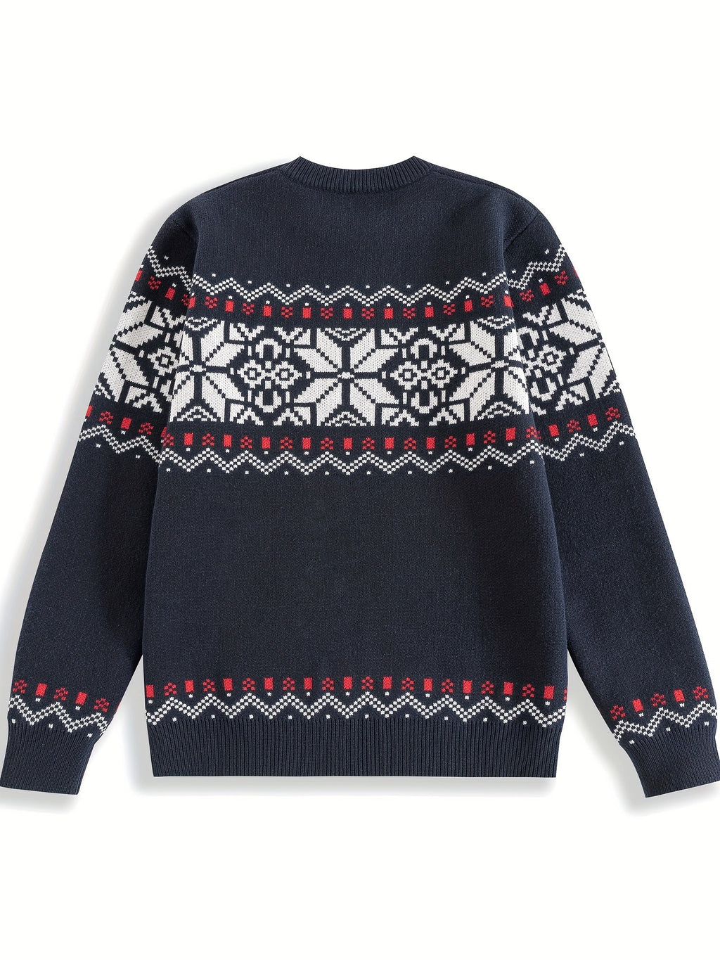 Knitted Jumper Fair Isle Snowflake Pattern Navy Men's Crew Neck – Casual, Christmas, Winter, Holiday Gift