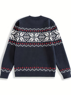 Knitted Jumper Fair Isle Snowflake Pattern Navy Men's Crew Neck – Casual, Christmas, Winter, Holiday Gift