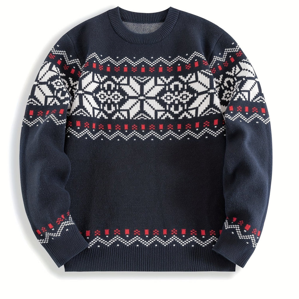 Knitted Jumper Fair Isle Snowflake Pattern Navy Men's Crew Neck – Casual, Christmas, Winter, Holiday Gift