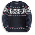 Knitted Jumper Fair Isle Snowflake Pattern Navy Men's Crew Neck – Casual, Christmas, Winter, Holiday Gift