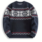 Knitted Jumper Fair Isle Snowflake Pattern Navy Men's Crew Neck – Casual, Christmas, Winter, Holiday Gift