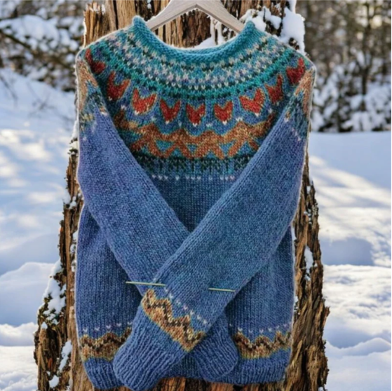 Knitted Jumper Green Fair Isle Jacquard Crew Neck Women's – Casual, Winter, Holiday, Gift