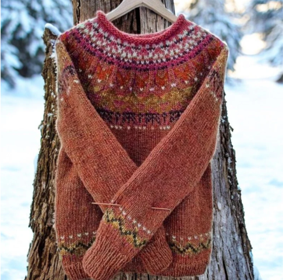 Knitted Jumper Green Fair Isle Jacquard Crew Neck Women's – Casual, Winter, Holiday, Gift