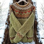 Knitted Jumper Green Fair Isle Jacquard Crew Neck Women's – Casual, Winter, Holiday, Gift