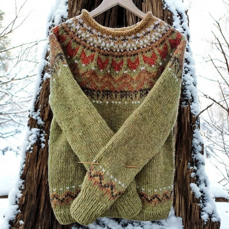 Knitted Jumper Green Fair Isle Jacquard Crew Neck Women's – Casual, Winter, Holiday, Gift