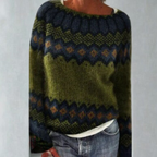 Knitted Jumper Green Navy Fair Isle Women's – Casual, Winter Layering, Cosy Everyday Wear