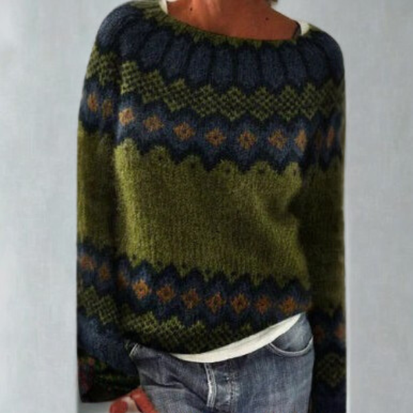 Knitted Jumper Green Navy Fair Isle Women's – Casual, Winter Layering, Cosy Everyday Wear