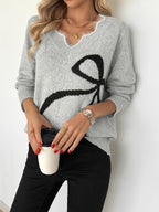 Knitted Jumper Grey Bow Print Women's V-Neck Long Sleeve – Casual, Office · Werune