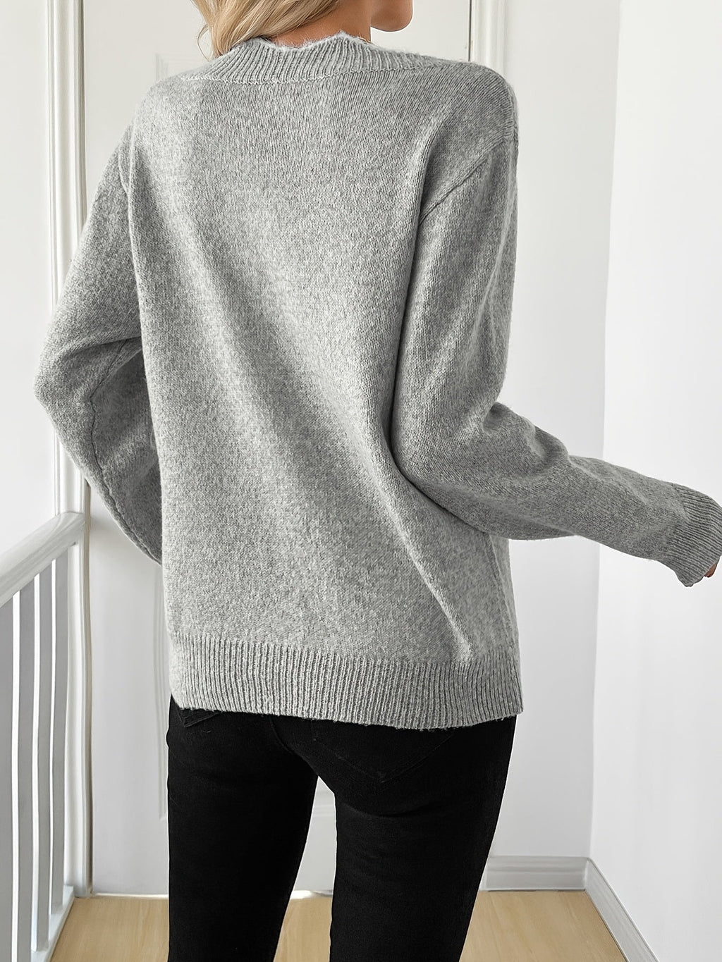 Knitted Jumper Grey Bow Print Women's V-Neck Long Sleeve – Casual, Office · Werune