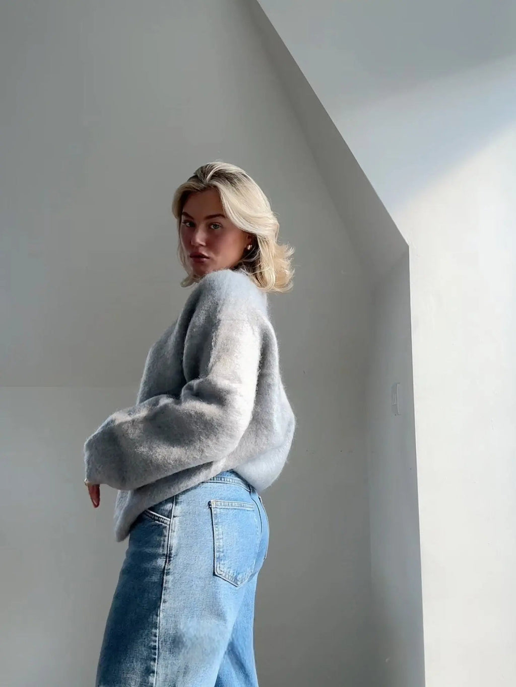 Knitted Jumper Grey Mohair Women's Crew Neck Fuzzy Pullover – Casual, Office, Gift, Everyday Wear