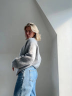 Knitted Jumper Grey Mohair Women's Crew Neck Fuzzy Pullover – Casual, Office, Gift, Everyday Wear