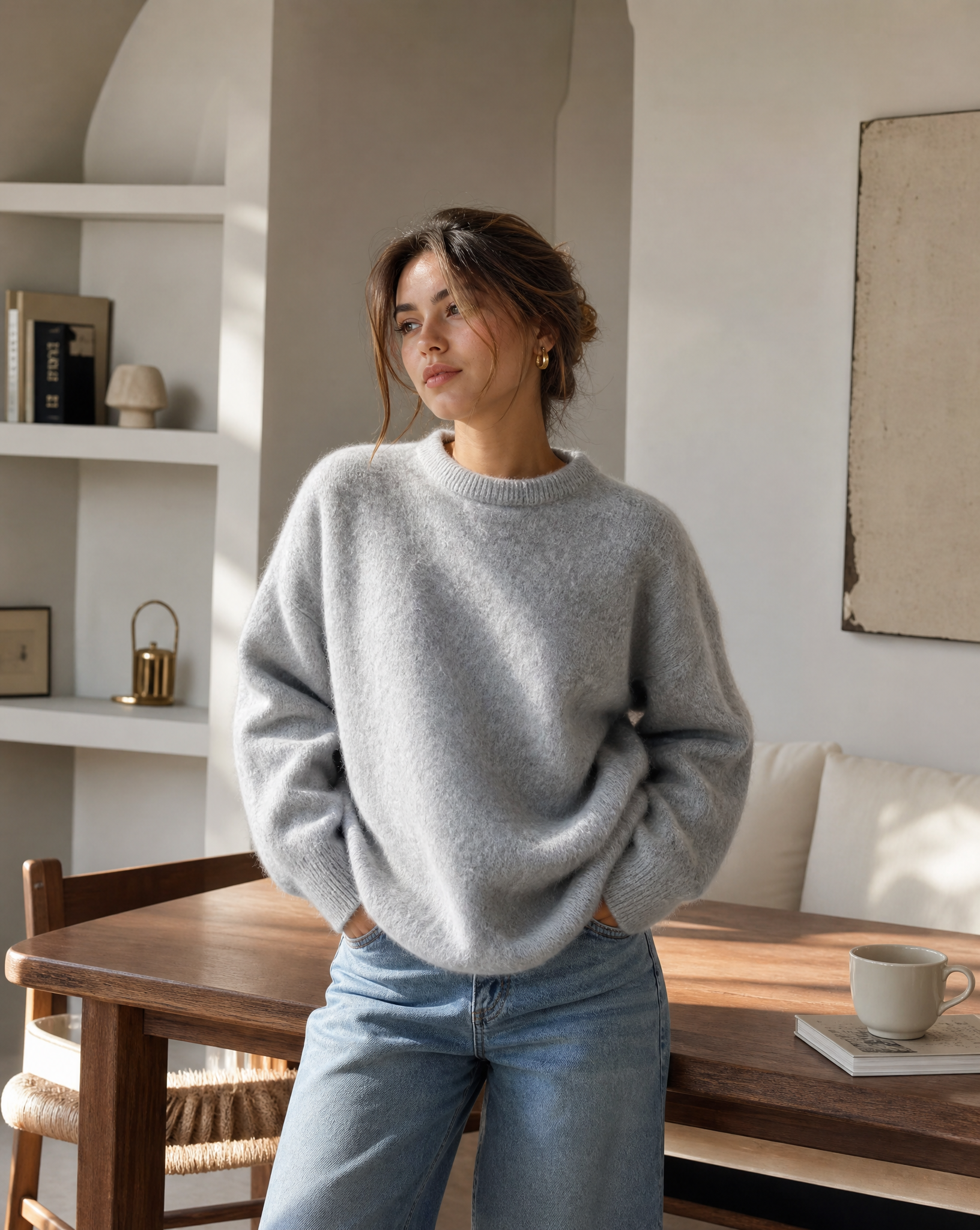 Knitted Jumper Grey Mohair Women's Crew Neck Fuzzy Pullover – Casual, Office, Gift, Everyday Wear