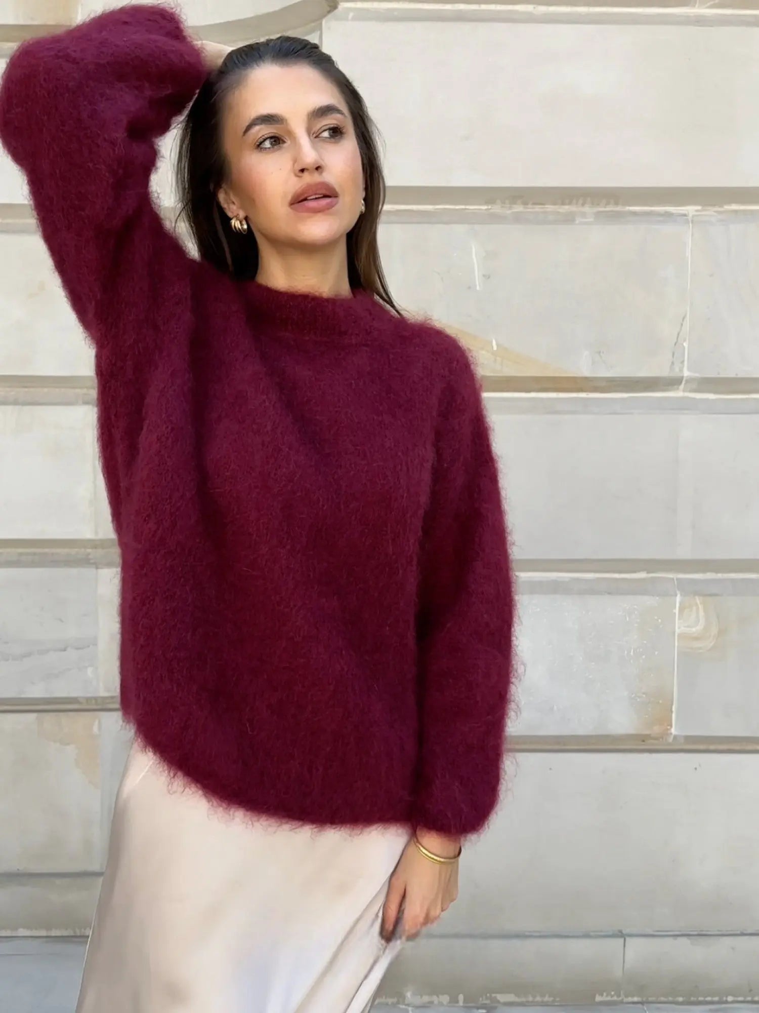 Knitted Jumper Grey Mohair Women's Crew Neck Fuzzy Pullover – Casual, Office, Gift, Everyday Wear