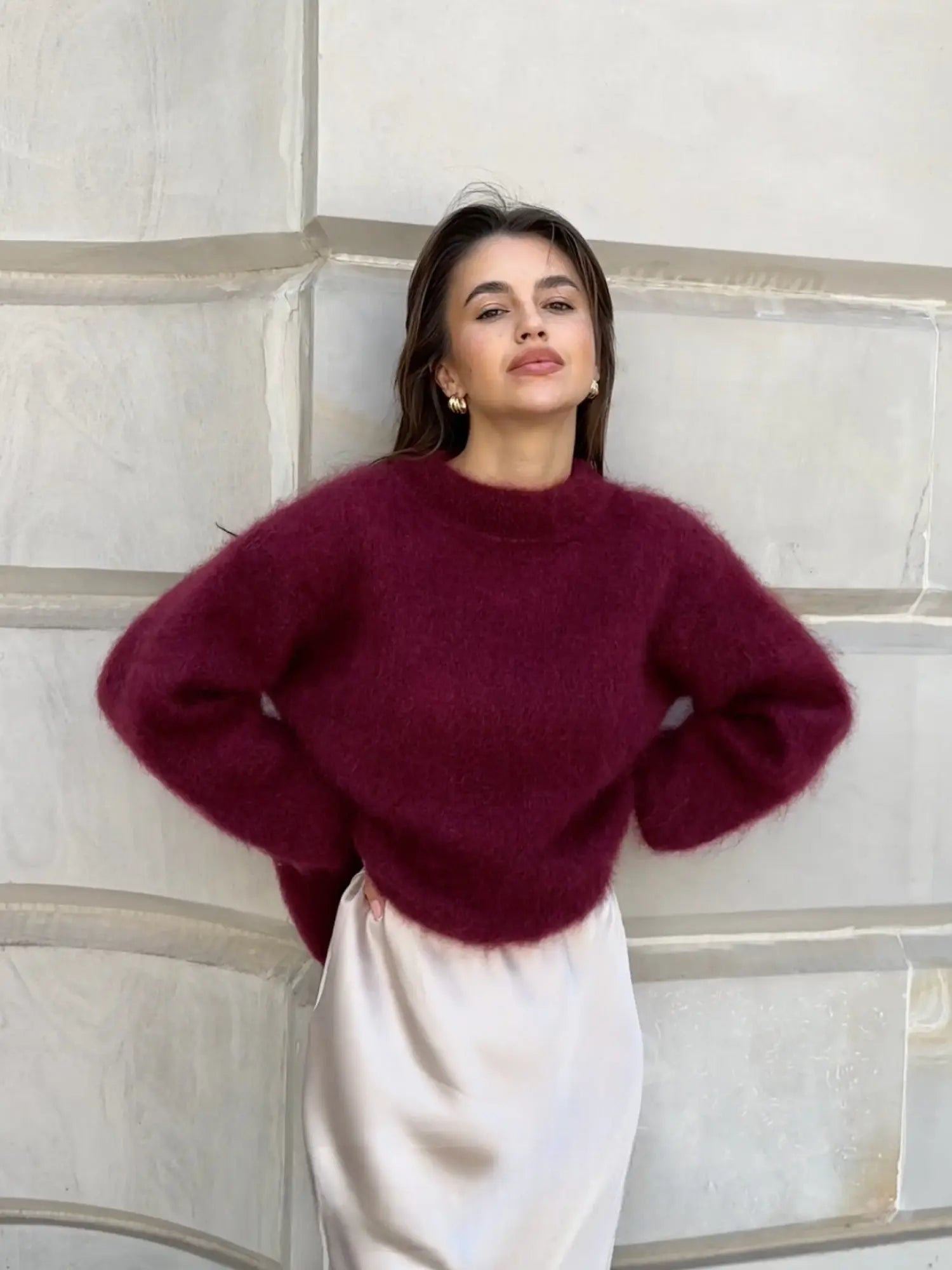 Knitted Jumper Grey Mohair Women's Crew Neck Fuzzy Pullover – Casual, Office, Gift, Everyday Wear