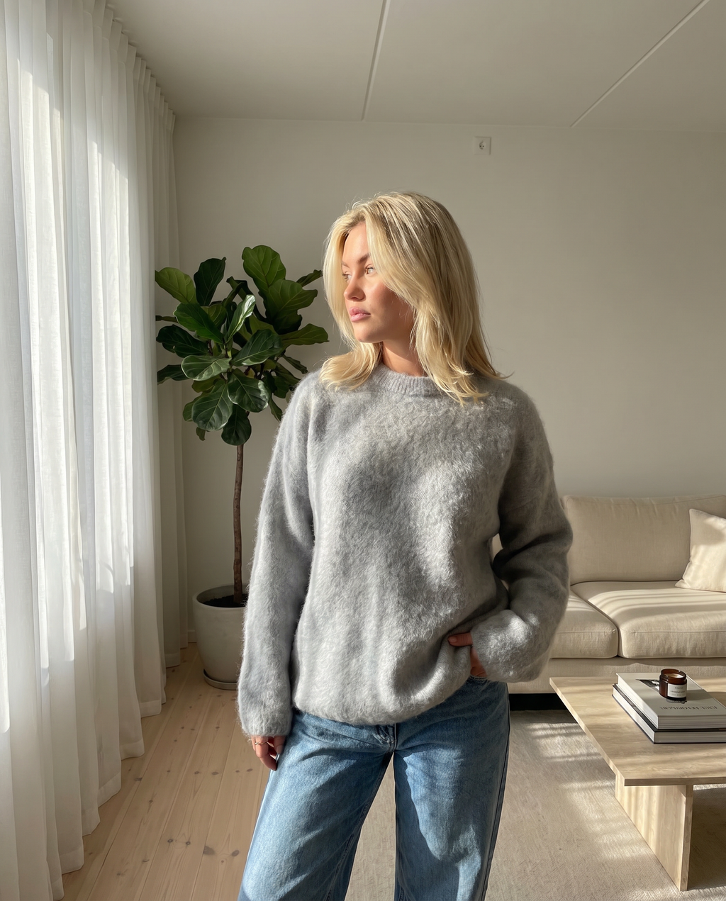 Knitted Jumper Grey Mohair Women's Crew Neck Fuzzy Pullover – Casual, Office, Gift, Everyday Wear